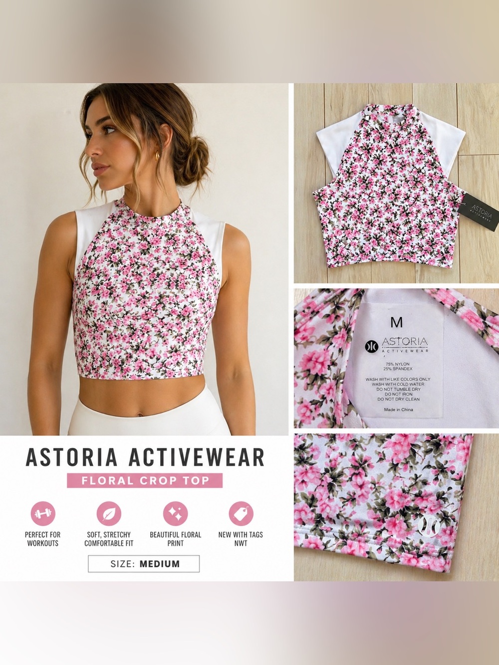 Astoria Activewear Floral Crop Top Medium Pink White High Neck Workout Gym NWT